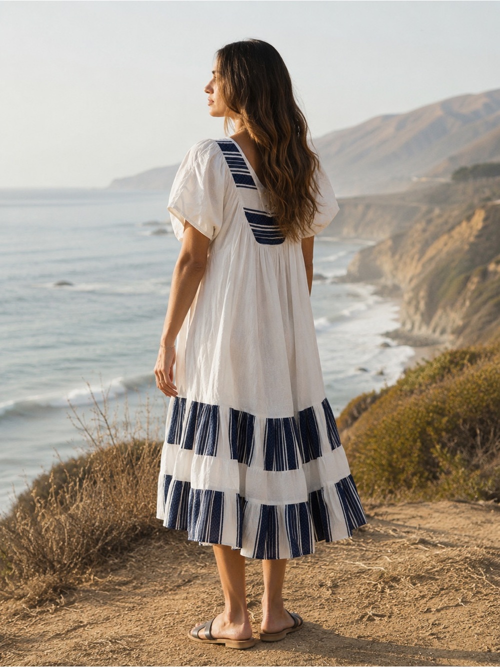 Vintage ROPA California White Striped Cotton Gauze Midi Dress Size Small